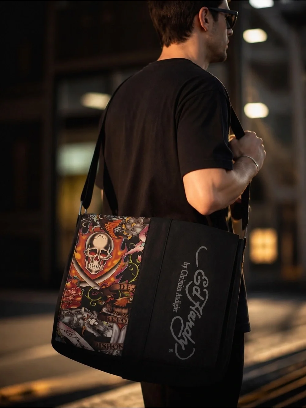 Christian Audigier Black Messenger Bag with Colorful Tattoo Skull Panel